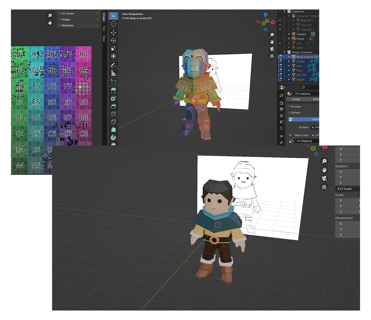 HMI... Divide the UV Map into a clean unwrap that can be easily textured at the texturing step, and texture the model with a good balance of color, enhancing its appearance?<br>
      <br>
      Plan: Referring to the tutorial from Project 1, indicating lines where sections need to be divided, unwrapping based on that, and applying texture and color to find the right balance.<br>
      <br>
      Act: Using Blender's UV wrapping indicator to divide sections that need different colors, breaking down sections for easy texturing. Using Blender's UV color map to indicate the unwrap, saving time. In texture painting, using the mask tool to speed up the process, and setting up a complementary color palette for a balanced design.<br>
      <br>
      Observe: Finding ways to divide the UV unwrapping without creating multiple unwraps that complicate the texturing process. Keeping the texture simple to maintain consistency within the overall game concept.