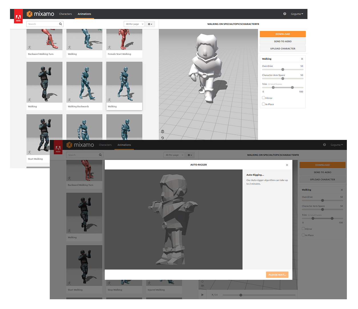 HMI: Find an efficient way to rig a character without taking too much time of the project time-scope?<br>
      <br>
      Plan: Using a recommended rigging platform by the professor called “mixamo” importing model, exporting rigs easily.<br>
      <br>
      Action:<br>
      importing fbx model into the website, adding basic bone structure for the rig skeletol structure.
      Searching the right rig-motion that aligns with the game-aesthetic and feeling.